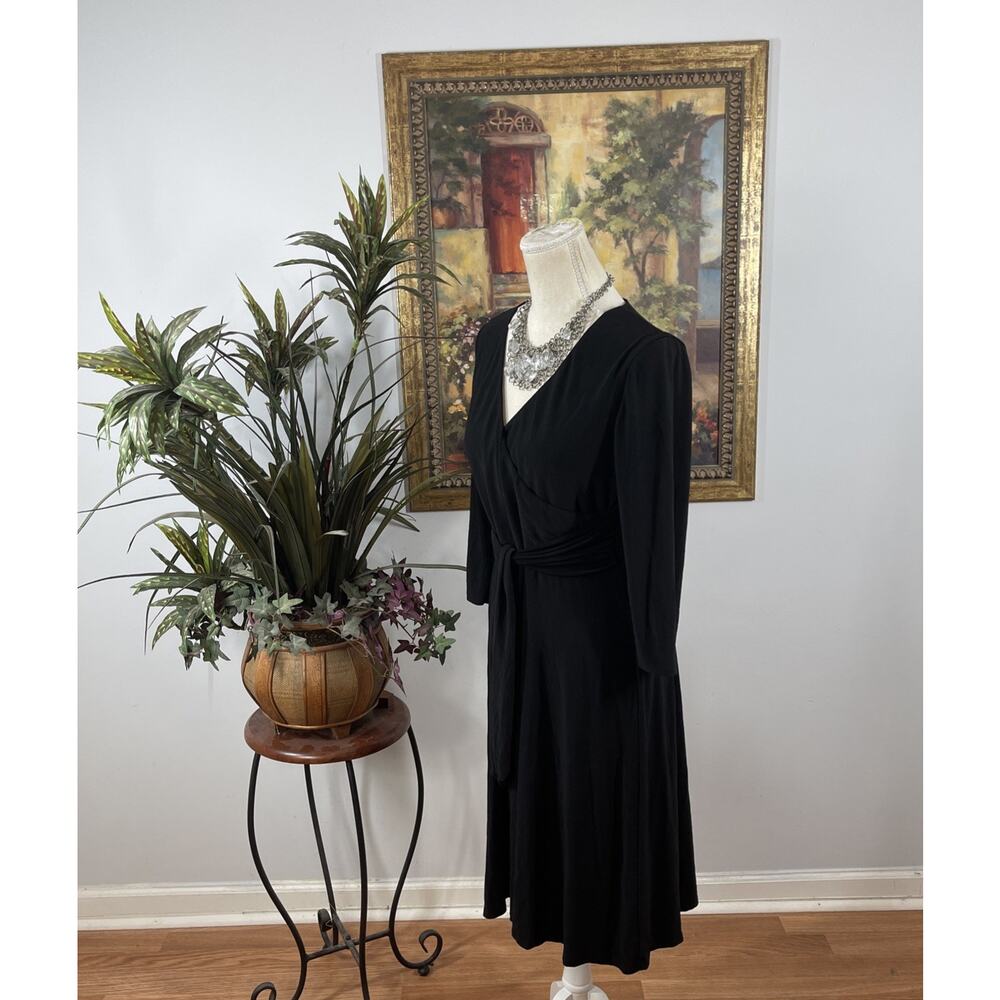 Kasper Dress Size 8 Black Faux Wrap A-Line Midi Tie Waist 3/4 Sleeve Stretch - Picture 6 of 12